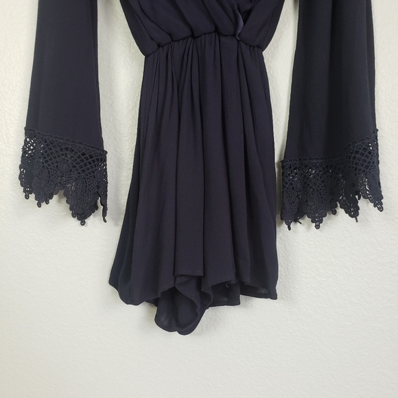 SAGE Faux Wrap Chrochet Long Sleeve Romper Navy Sz S Whimsigoth Stevie Nicks - Picture 4 of 10